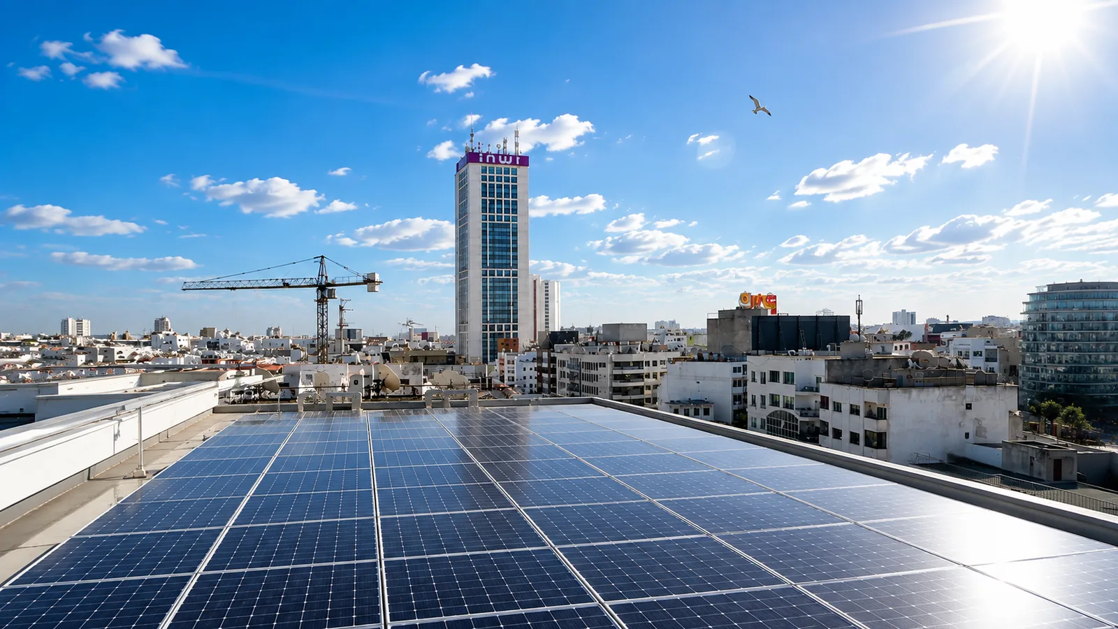 Centrale photovoltaïque en toiture surplombant Casablanca au coucher du soleil