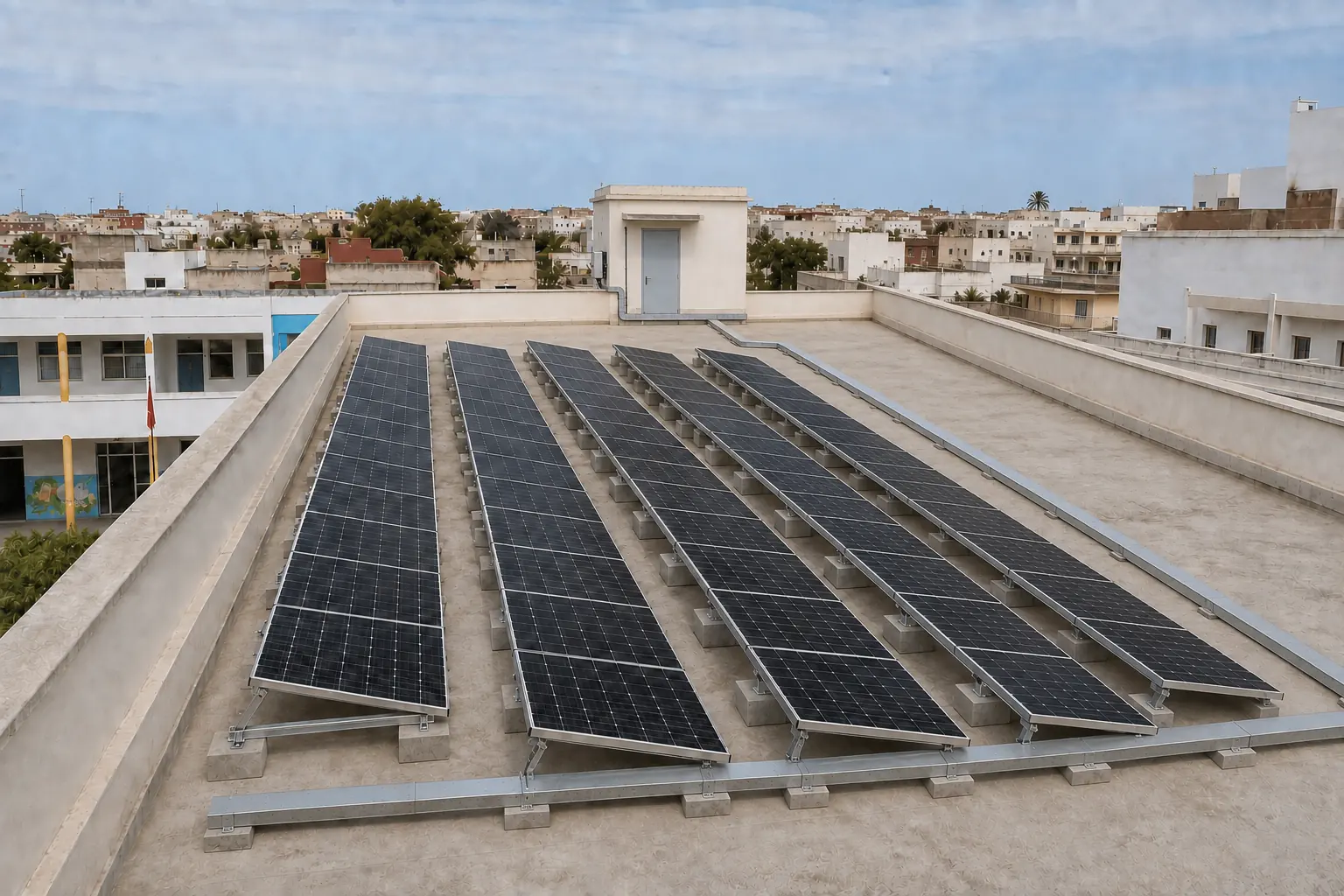 Cour d'une école marocaine avec ombrières solaires