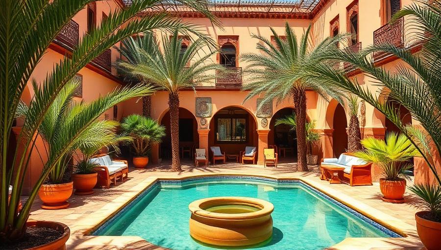 Riad hôtelier marocain avec jardin de palmiers et piscine