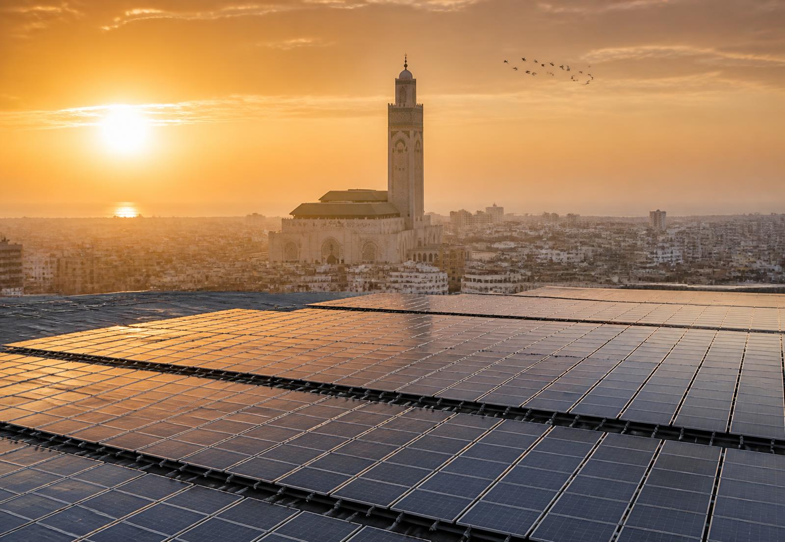 Centrale photovoltaïque en toiture surplombant Casablanca au coucher du soleil